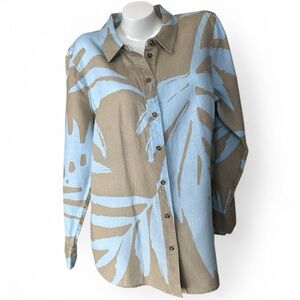 Soft Surroundings Women’s XL 100% Linen Blue & Tan Palm Frond Button-Down Shirt